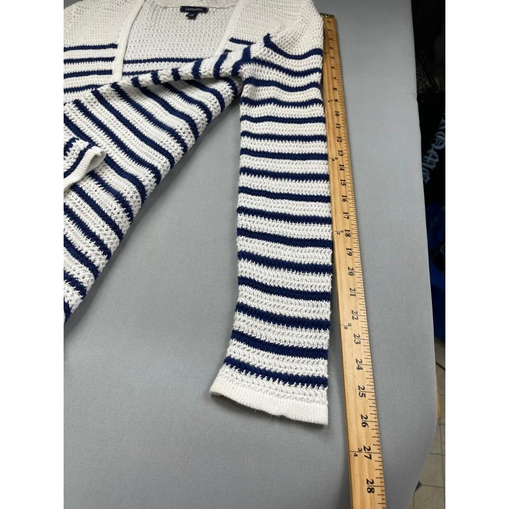 Lands‎ End Womens Medium White Navy Blue Striped Linen Cotton Cardigan Sweater